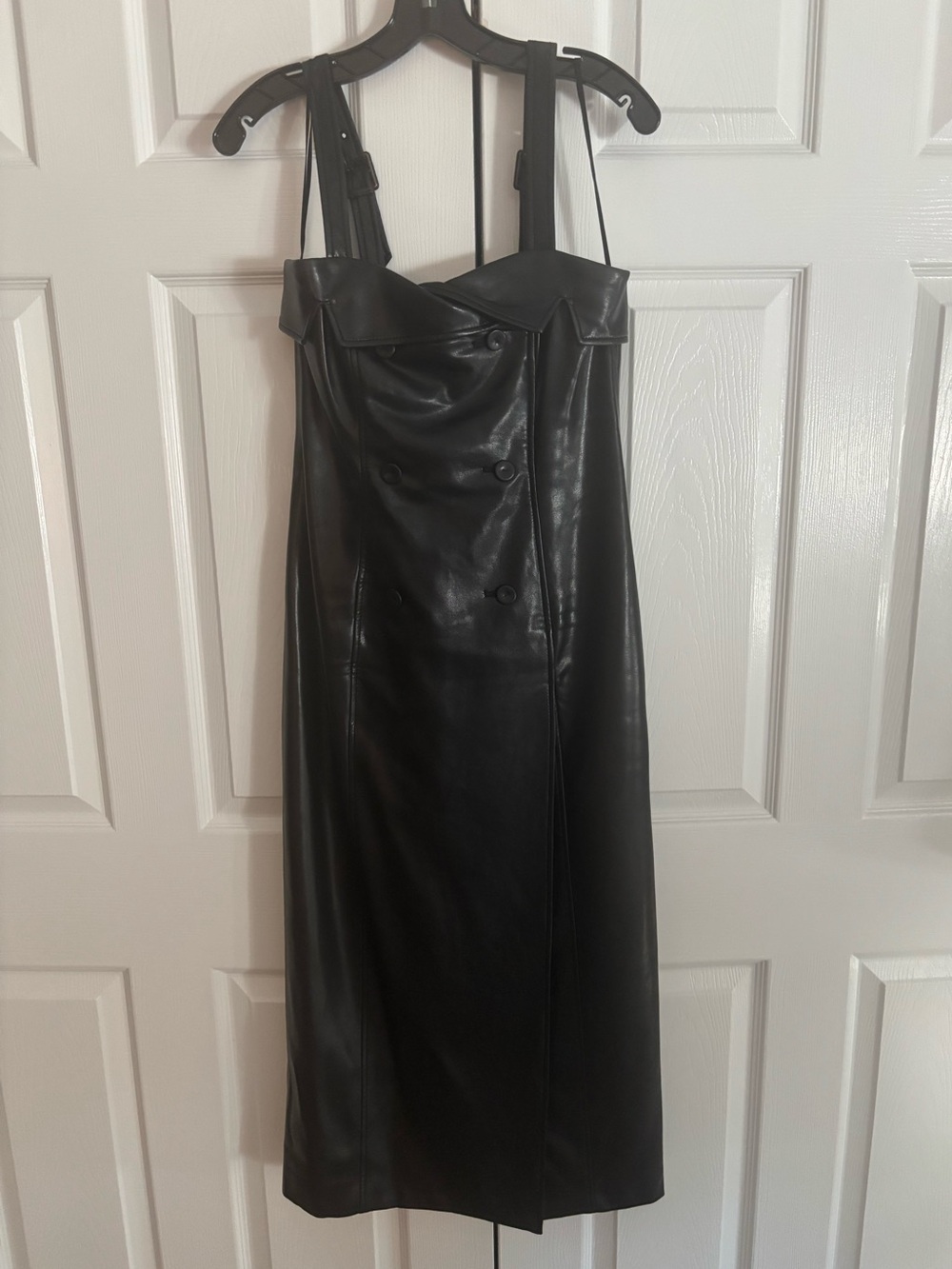 cinq a sept Black Faux Leather Midi Dress with Button Front